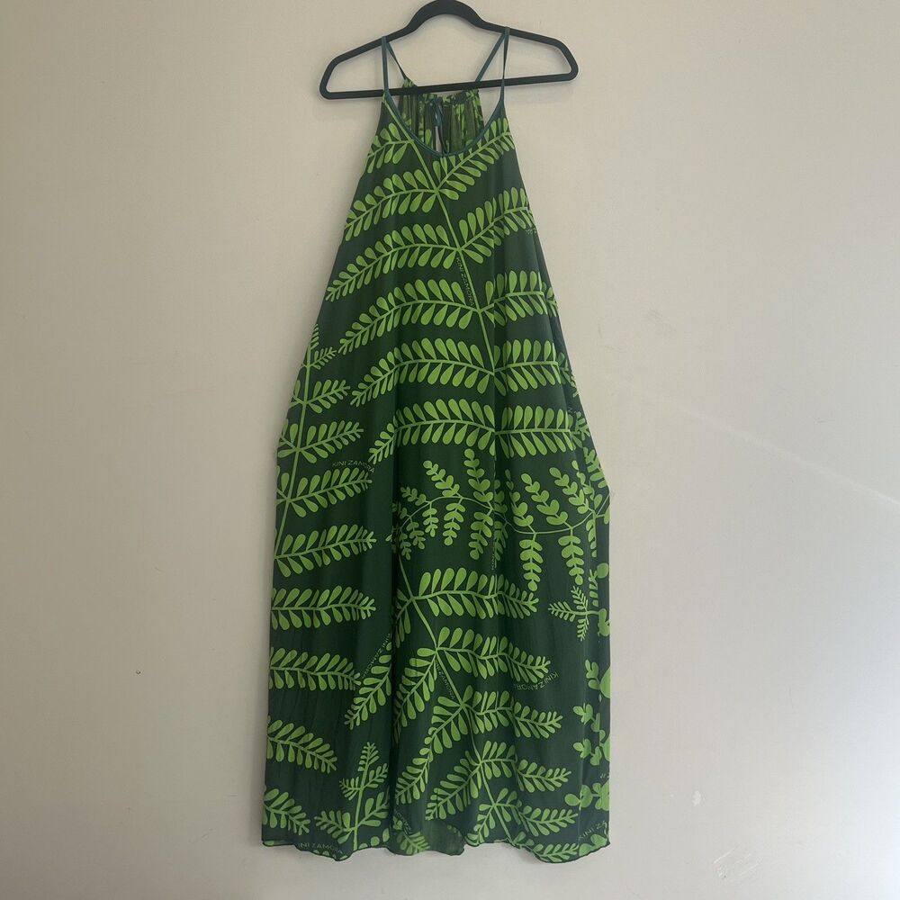 Kini Zamora Halter Maxi Dress Green Palm Project Runway Designer Cotton L